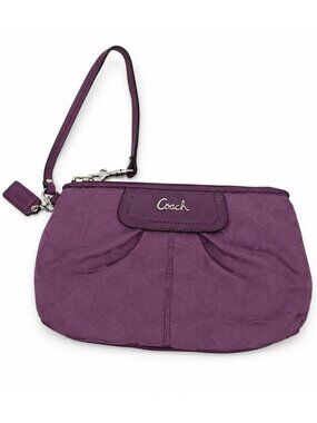 Coach Signature C Jacquard Purple Wristlet Wallet Pouch Leather Strap Y2K